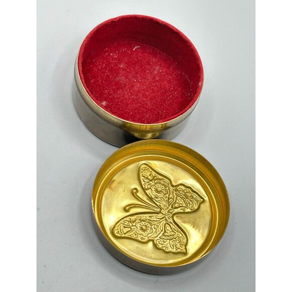 Butterfly Embossed Brass Box Small Cylindric Lidded Trinket Box Red Velvet - Picture 7 of 9